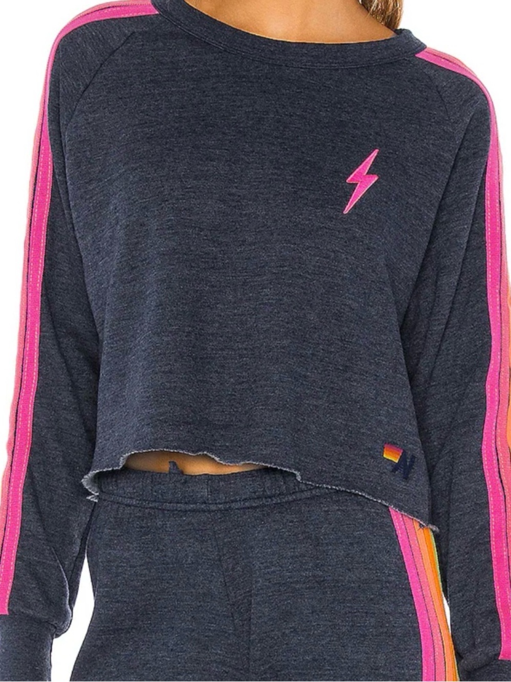 Aviator Nation Bolt Cropped Classic Crewneck in Heather Navy Neon